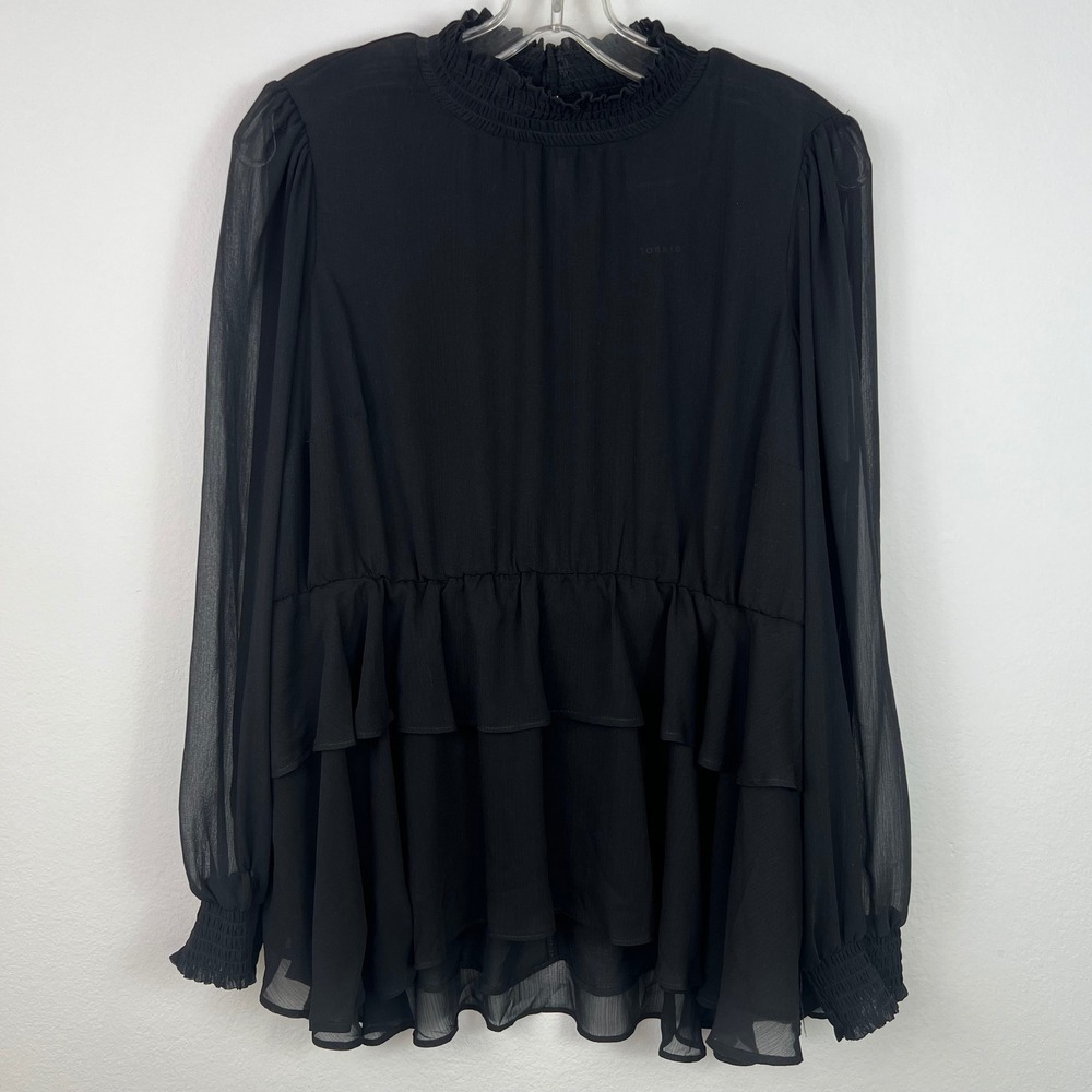 Torrid Women's Chiffon Blouse Top Size 00 NWT Black Long Sleeve Tiered Ruffle